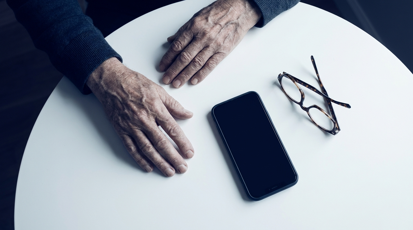 Les mains d'une personne âgée posées à côté de son smartphone